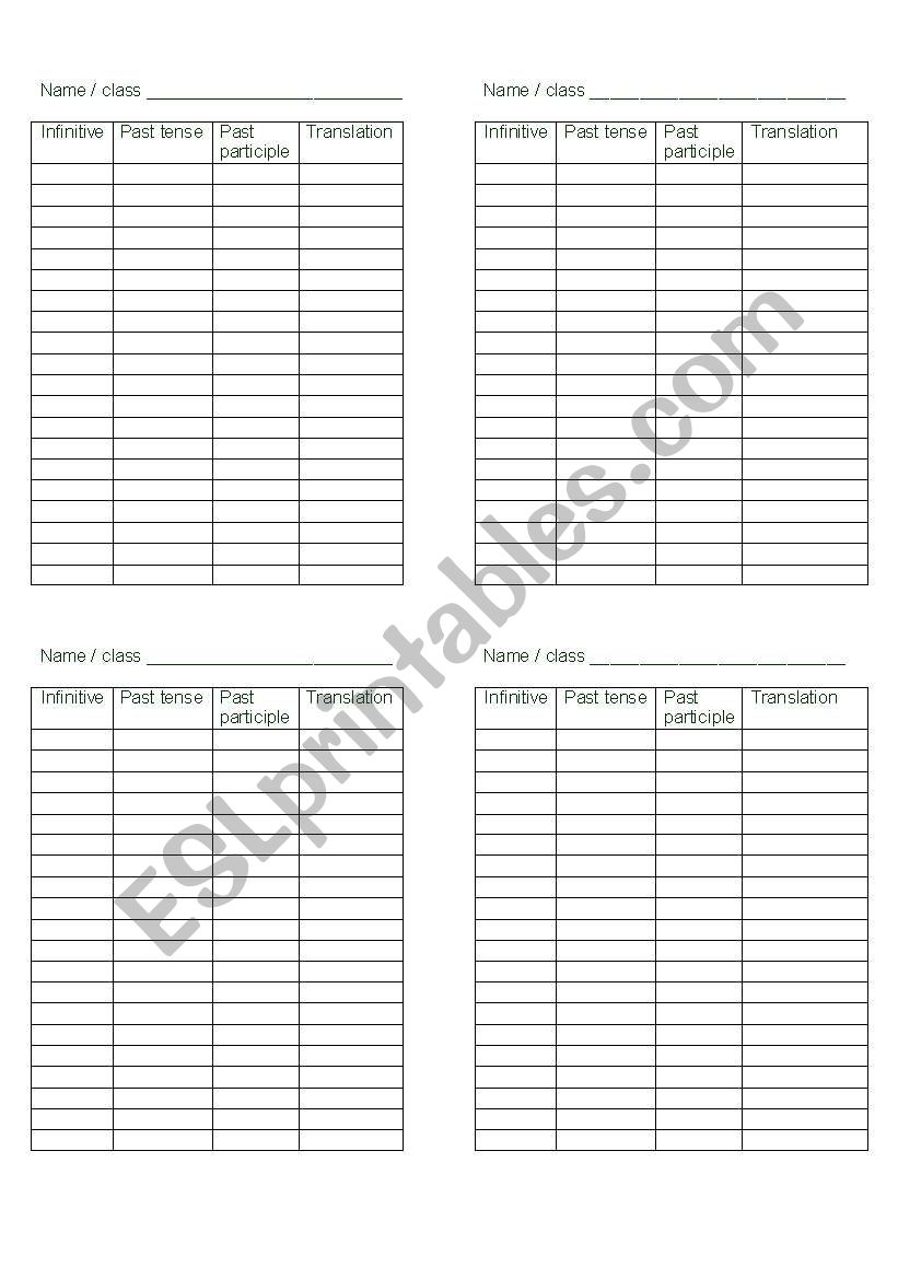 irregular verbs blank table worksheet