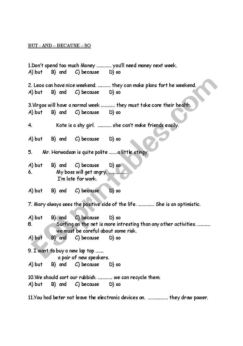 BUT - AND  BECAUSE  SO   worksheet