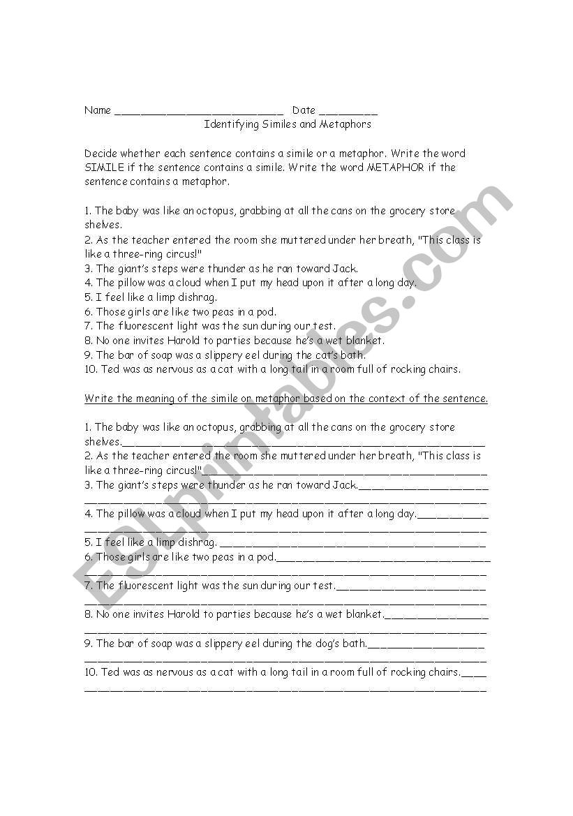 Metaphor and similie Practice worksheet