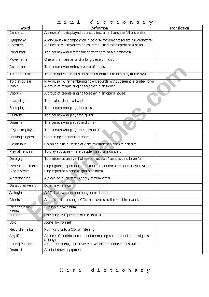 music vocabulary - mini dictionary with definitions