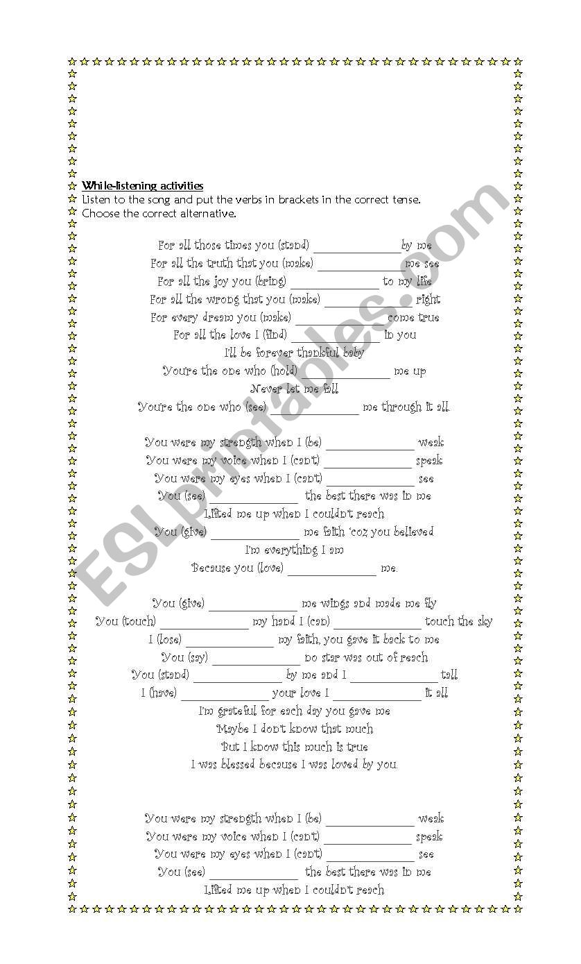 Because You Loved Me worksheet