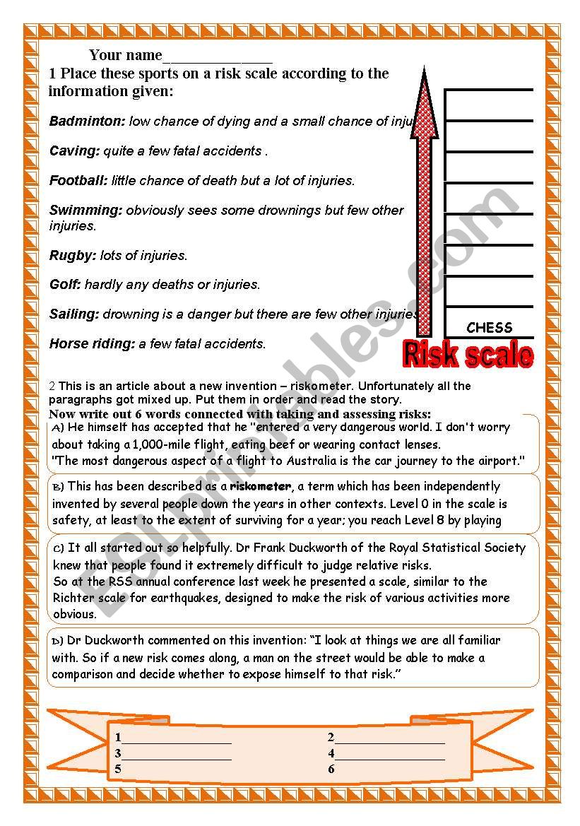 A 2-page worksheet on risks and sports risks(answers included)