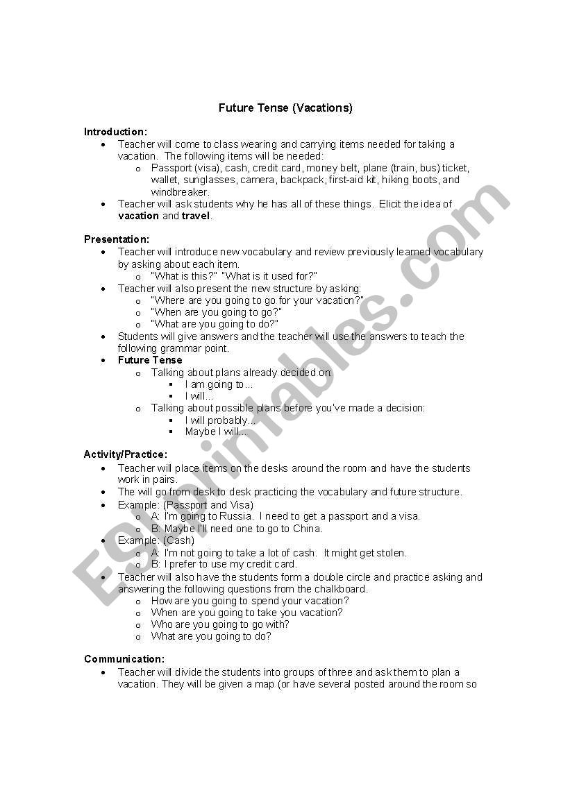 Future Tense Class Activity worksheet