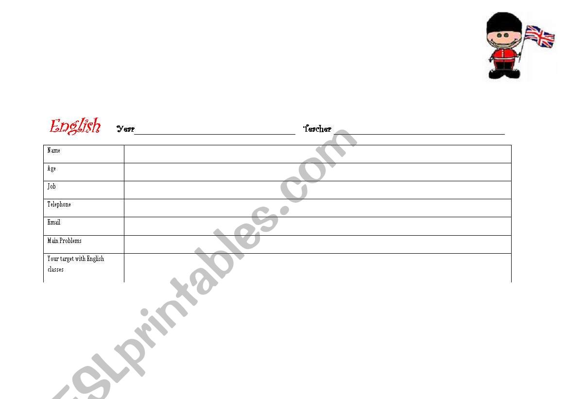 English Student Sheet worksheet