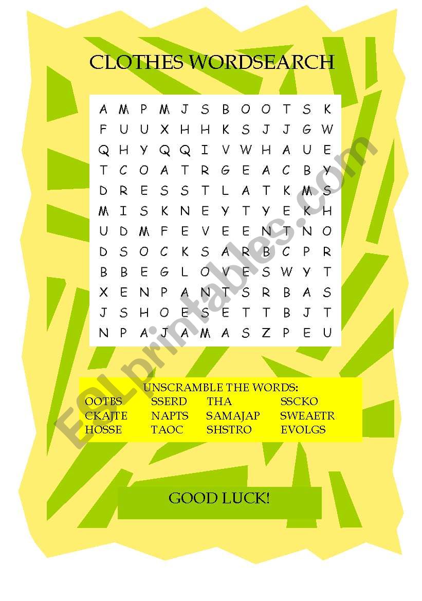 CLOTHES WORDSEARCH worksheet