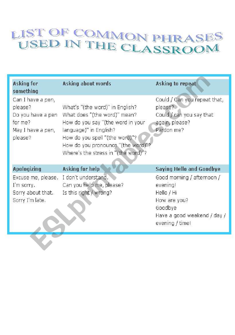 PHRASES USED IN THE CLASSROOM worksheet