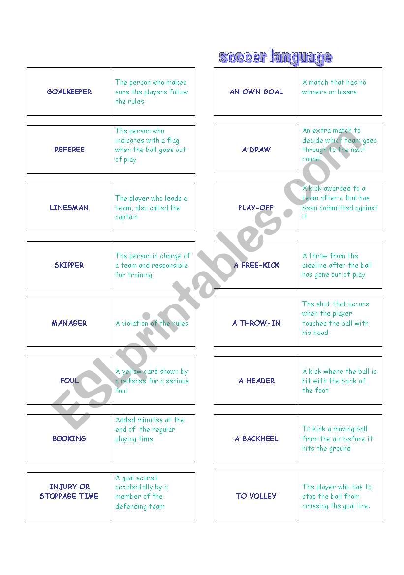 soccer language domino worksheet