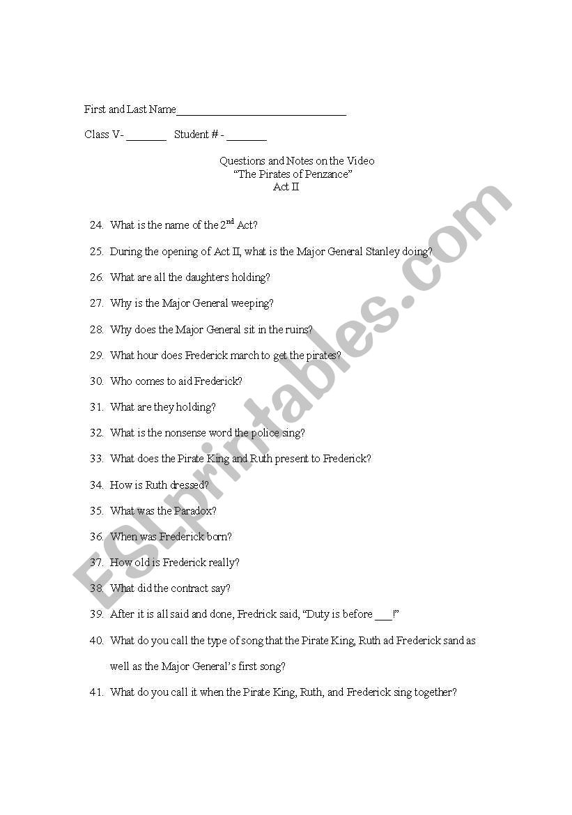 Pirates of Penzance, part II worksheet
