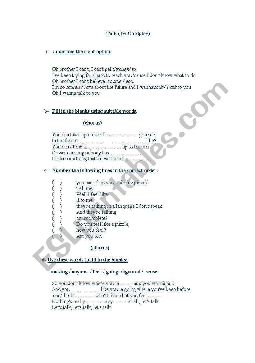 Song- Talk by Coldplay worksheet