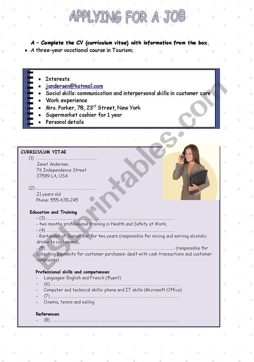 Applying for a job worksheet