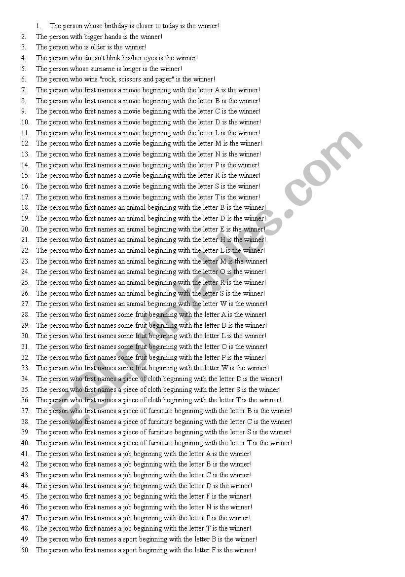 Tie Breakers worksheet