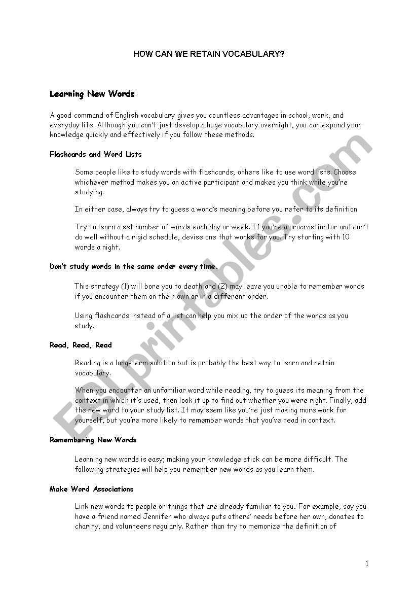 HOW can we retain vocabulary worksheet