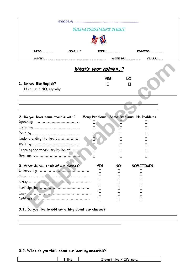 Self-Assessment Sheet worksheet