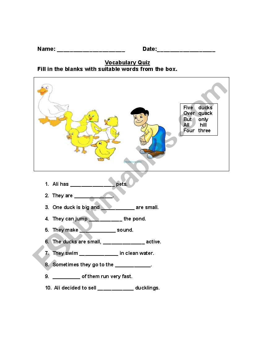 Vocabulary Quiz- Five little ducks