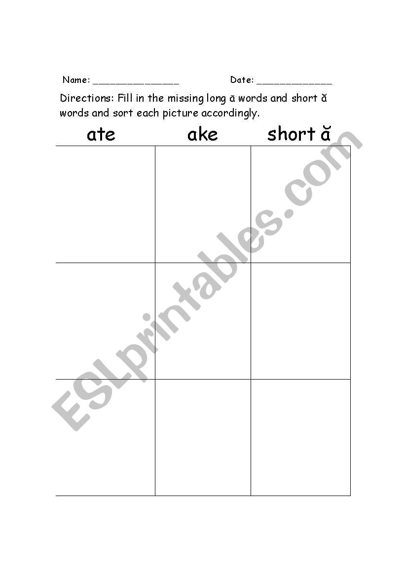 Long A Picture Sort worksheet