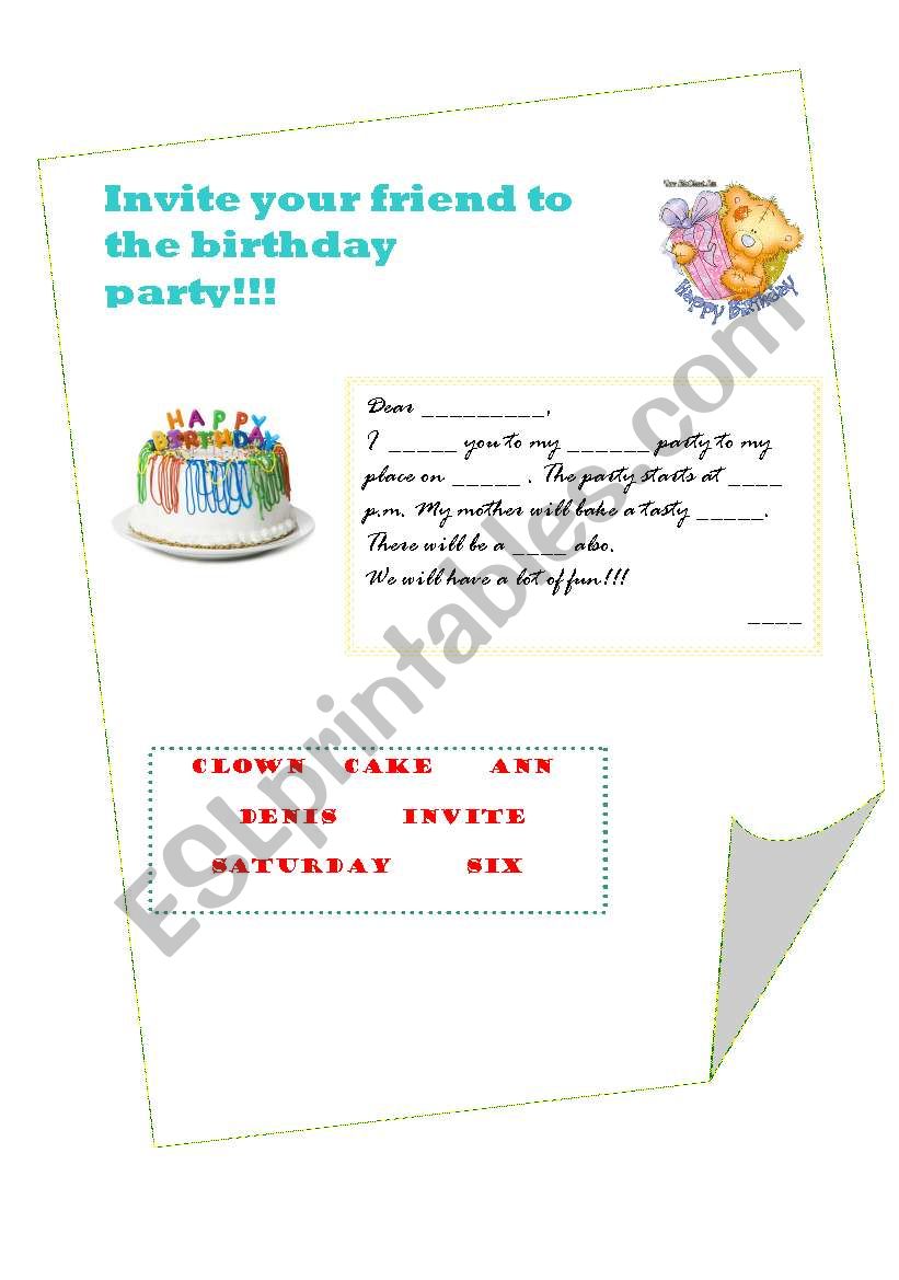 Invitation birthday card  worksheet