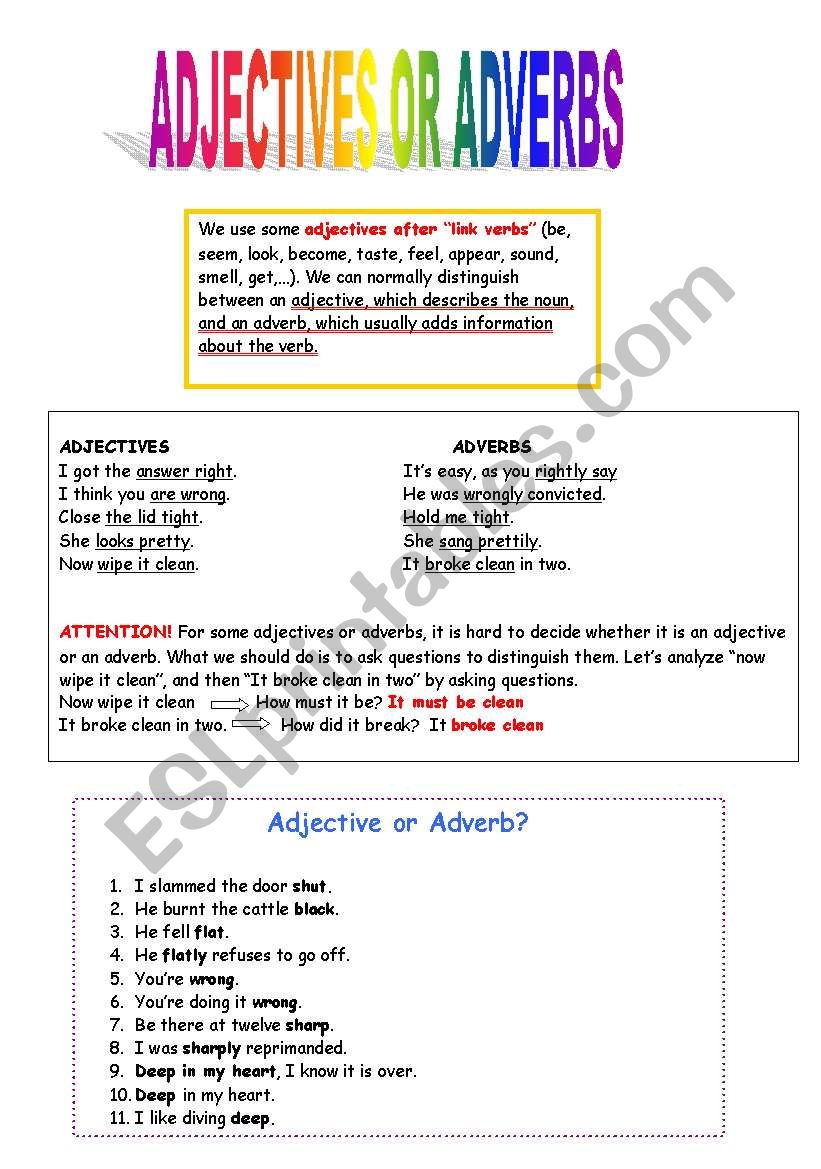 Adjective or adverb worksheet