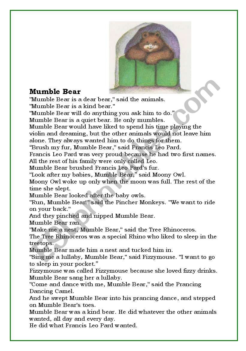 Mumble Bear worksheet