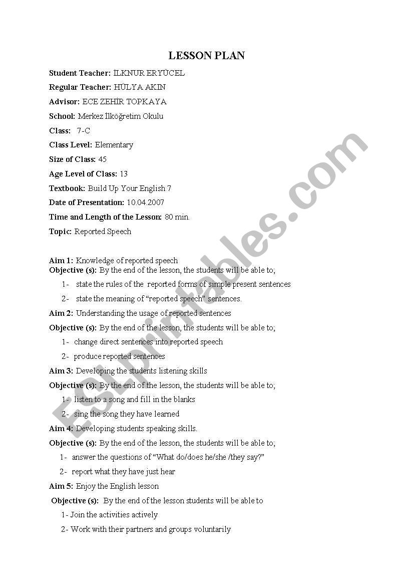 reported speech lesson plan worksheet