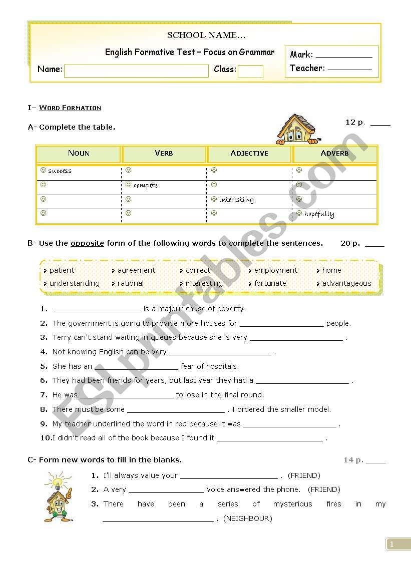 Grammar Formative Test  for Upper Intermediate and Advanced students 