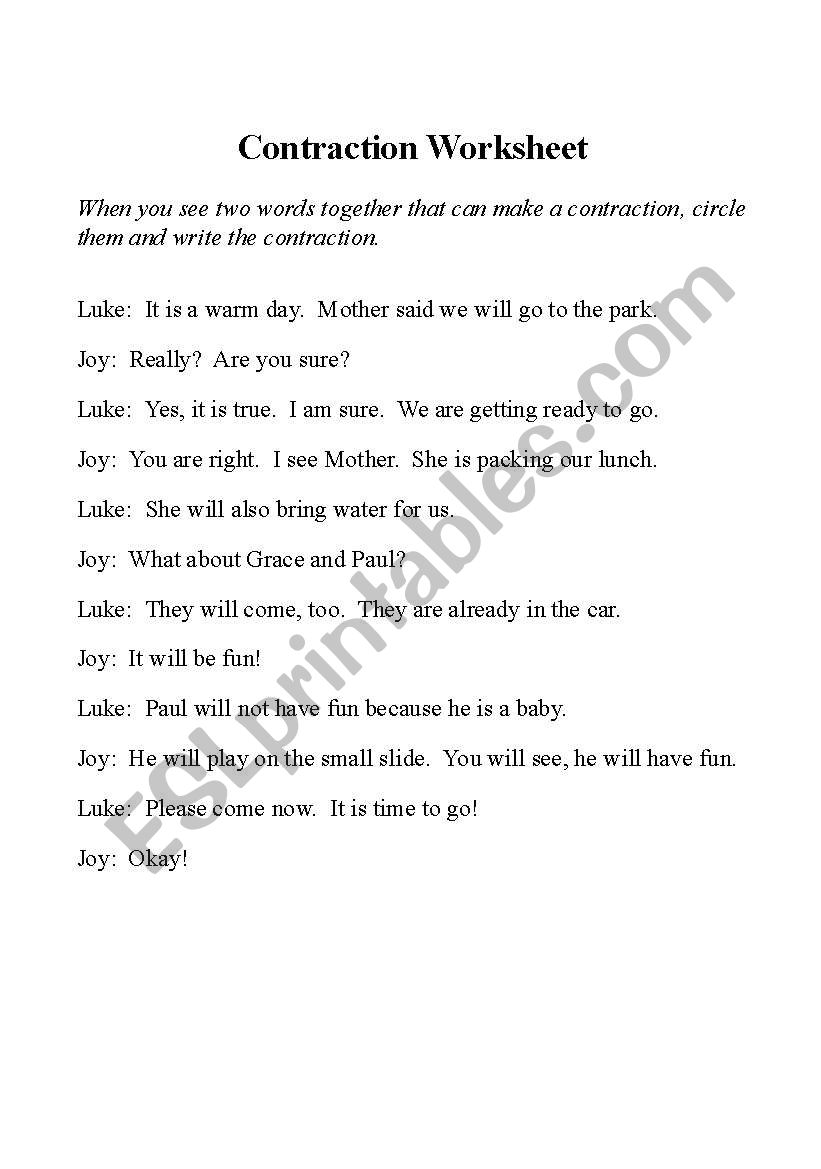 Contraction Worksheet worksheet