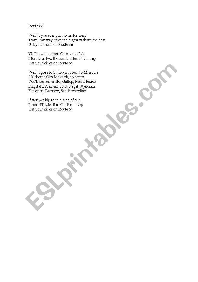 lyrics route 66 worksheet