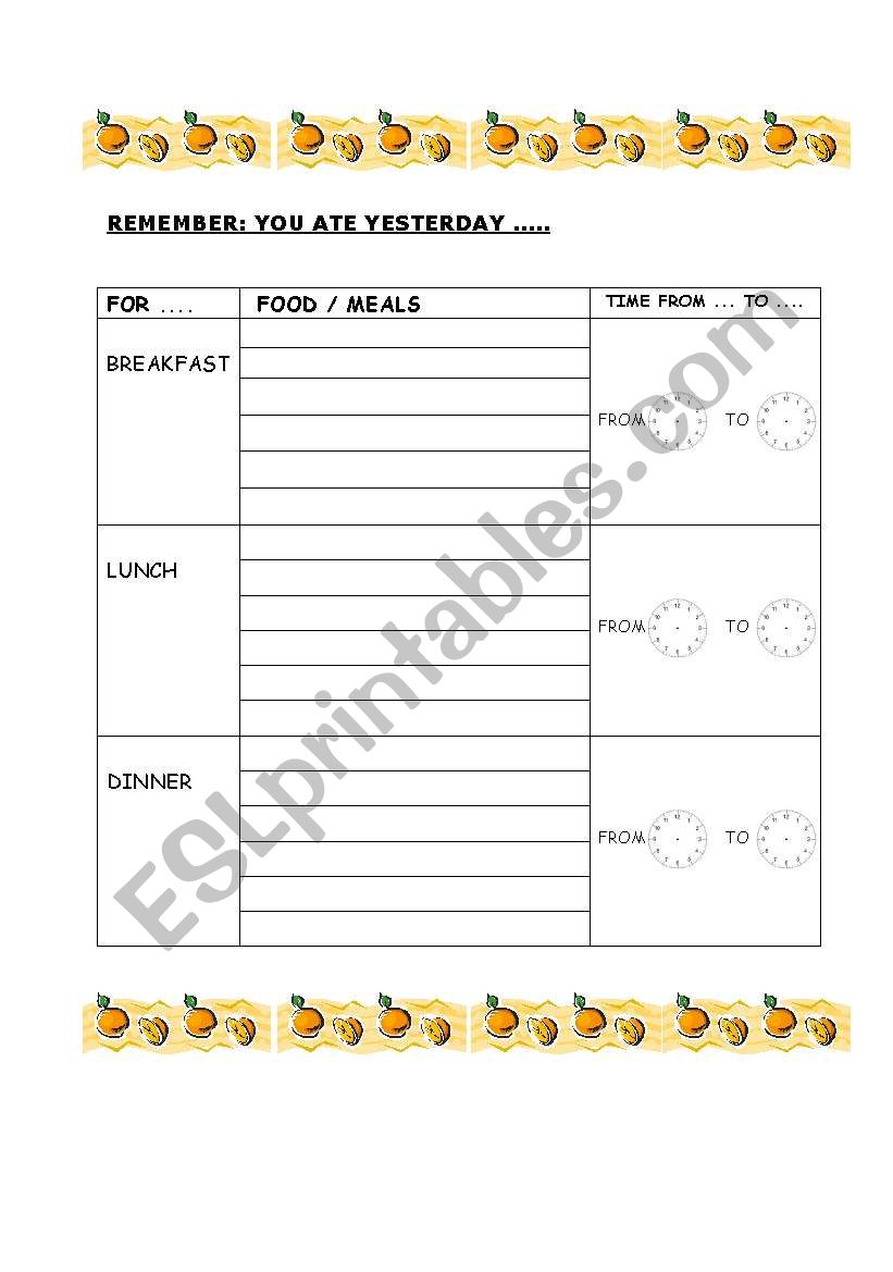 YOU ATE YESTERDAY .... worksheet