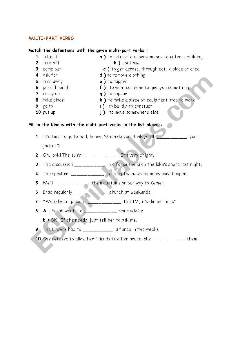 Multi-part verbs worksheet