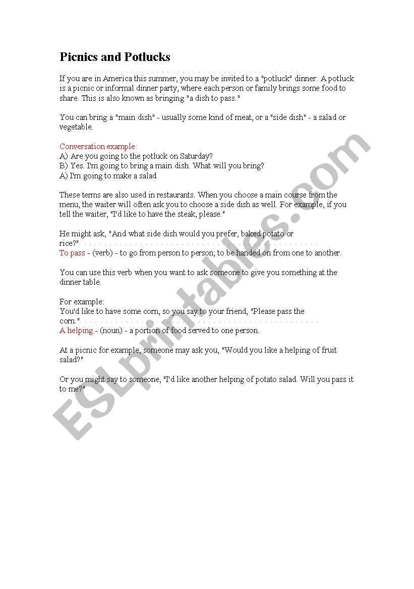 picnicks and potlucks worksheet