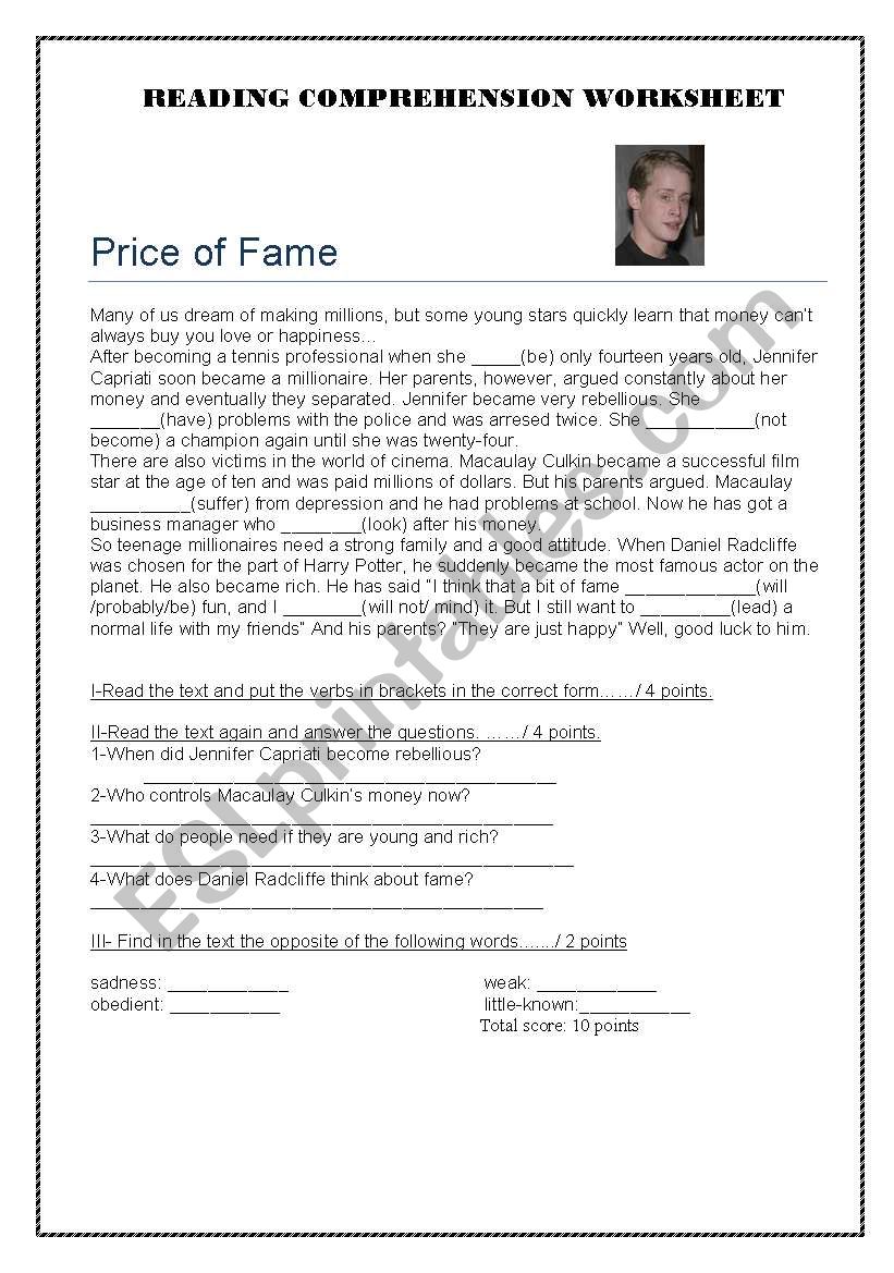 The Price of Fame worksheet