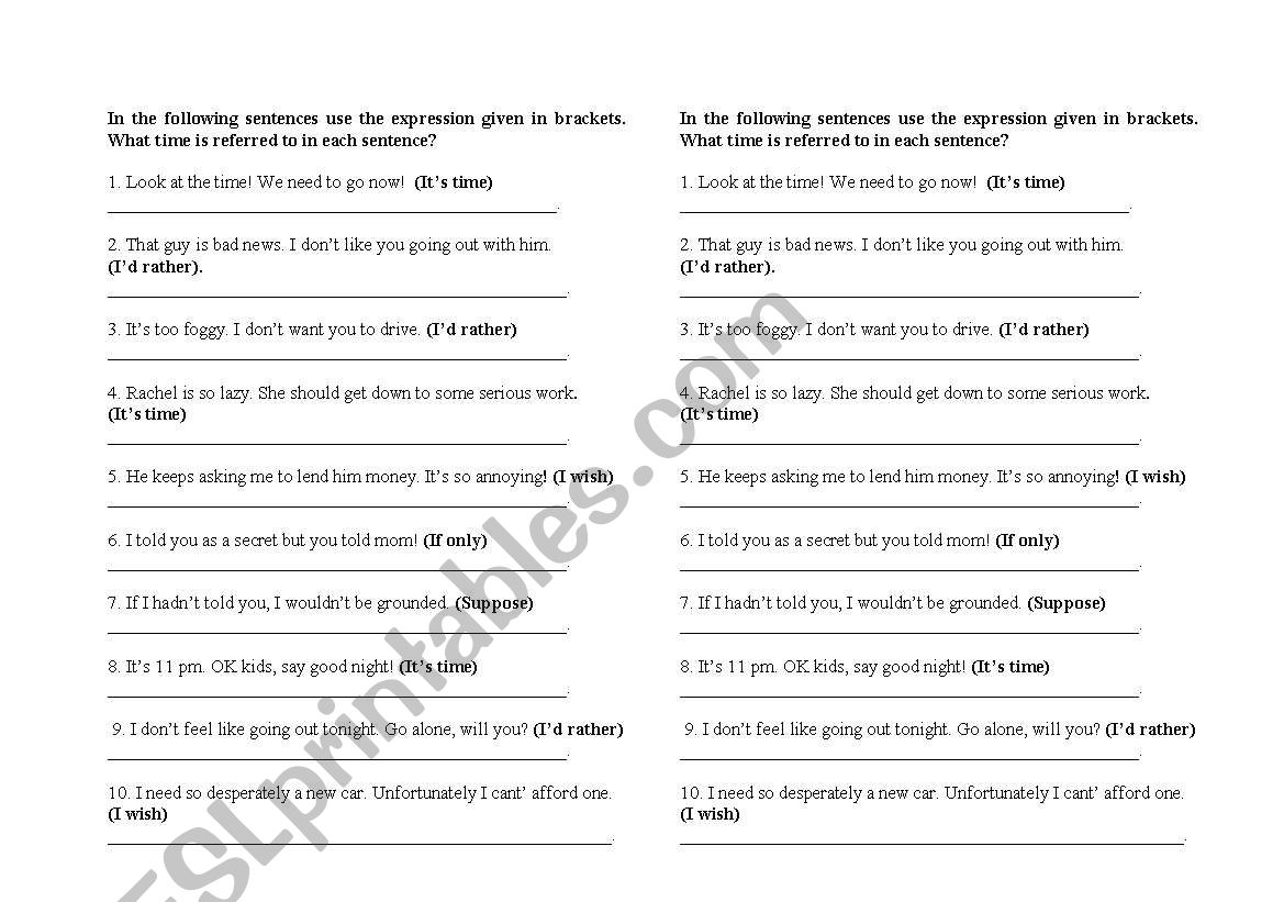 I wish/ Id rather / if only worksheet