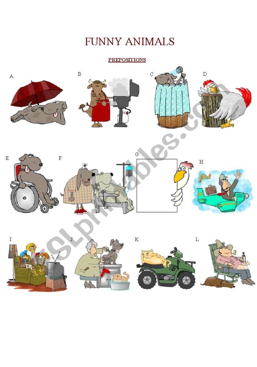 Funny Animals: Prepositions 1 worksheet