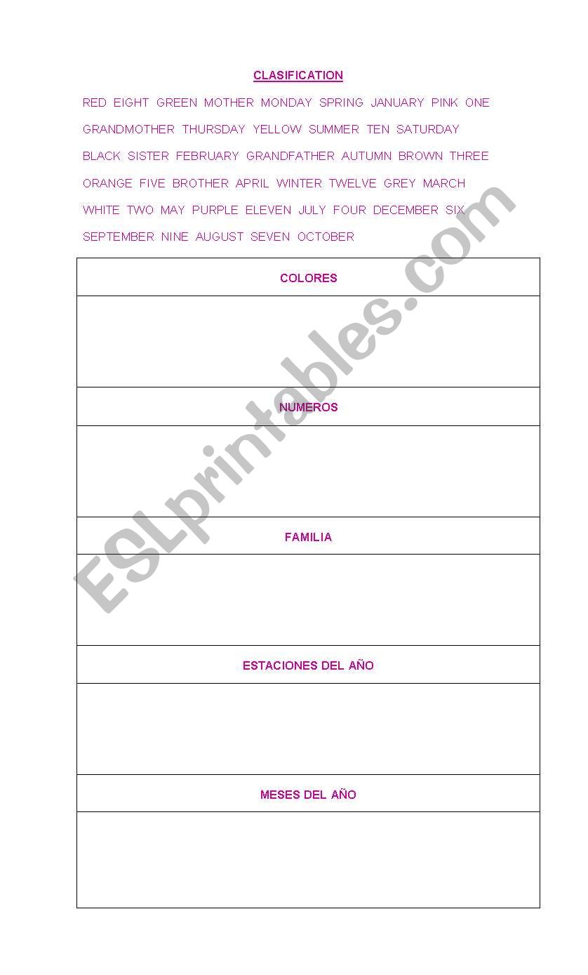 Clasification worksheet