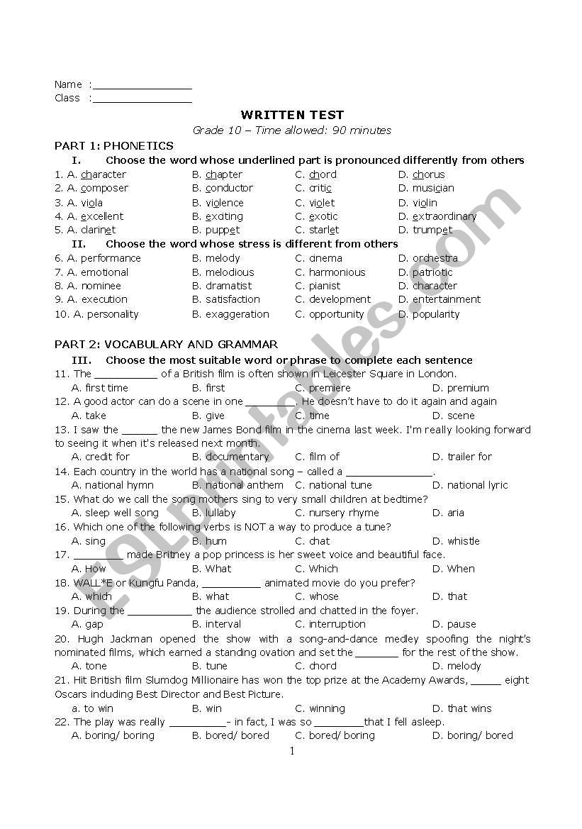 written test 90_reading, writing, vocab and pronunciation_topic: music, movies and theatre