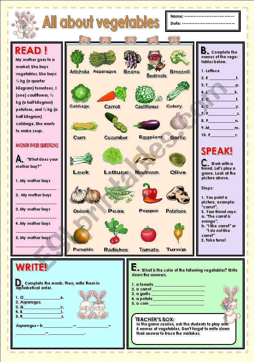 All about vegetables worksheet