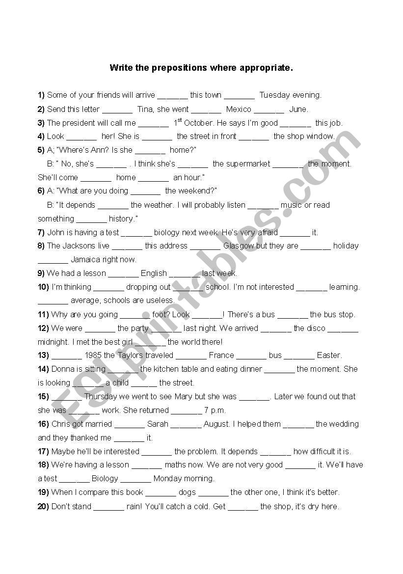 Prepositions worksheet