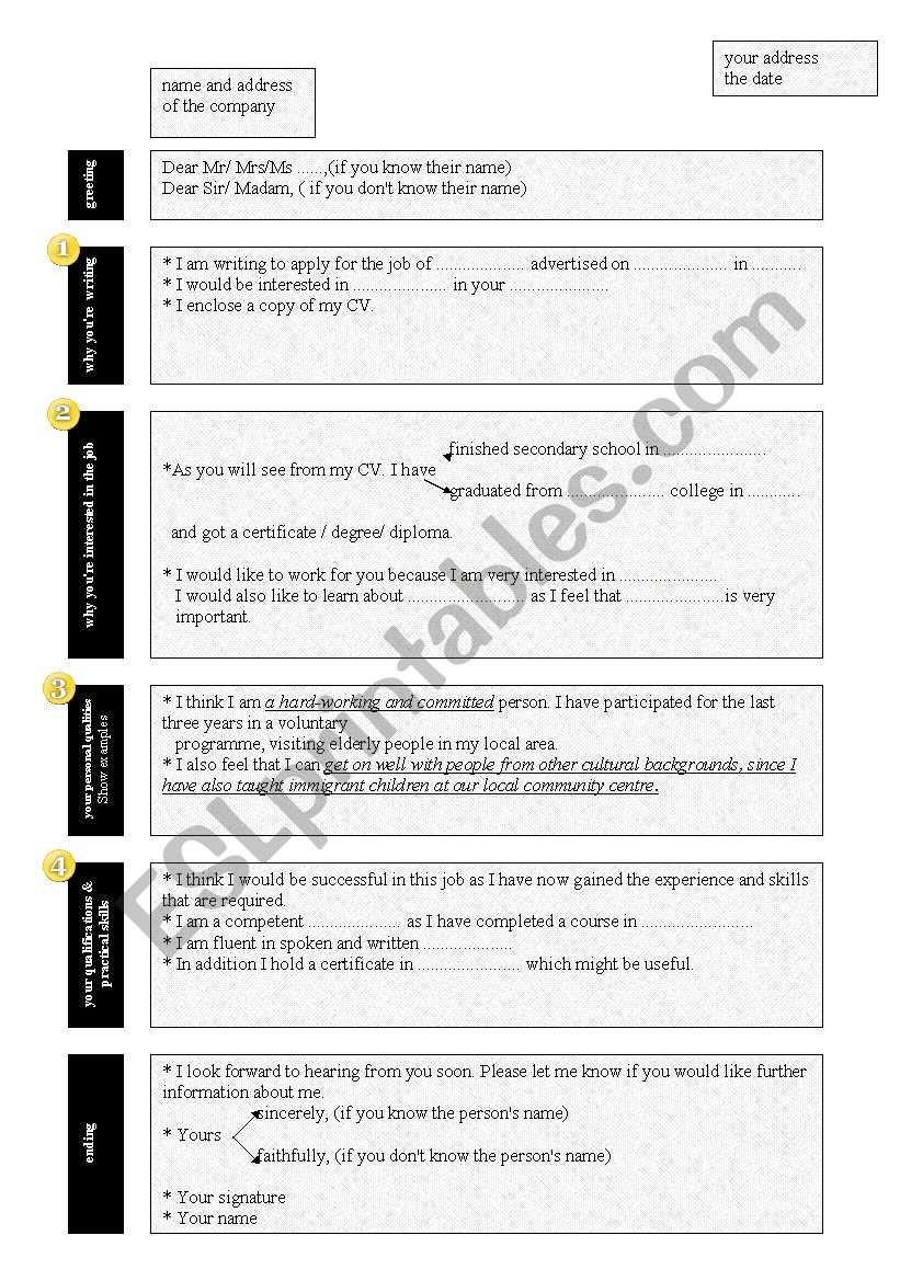 A Letter of Application worksheet