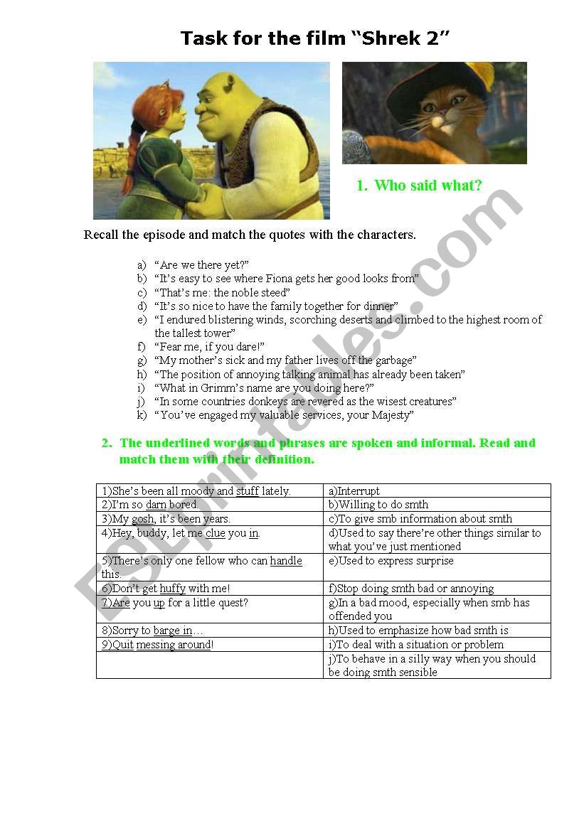 Task for the film Shrek2 worksheet