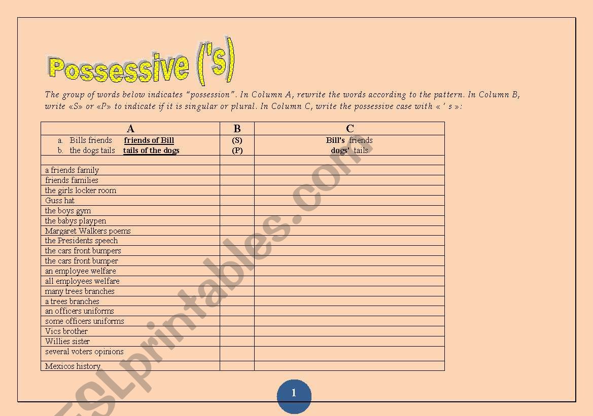 possessive (s) worksheet