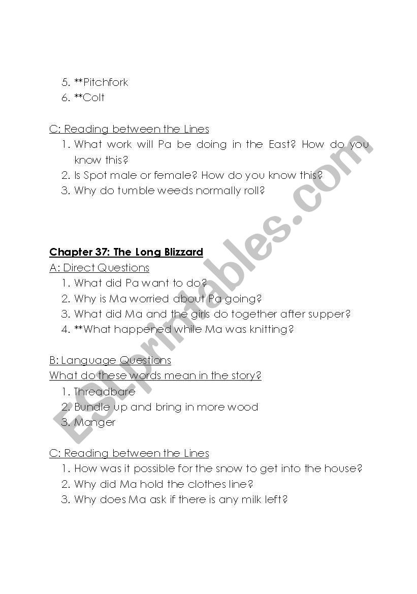 English Worksheets Questions On Selected Chapters Of Laura Ingalls Wilder On The Banks Of Plum Creek