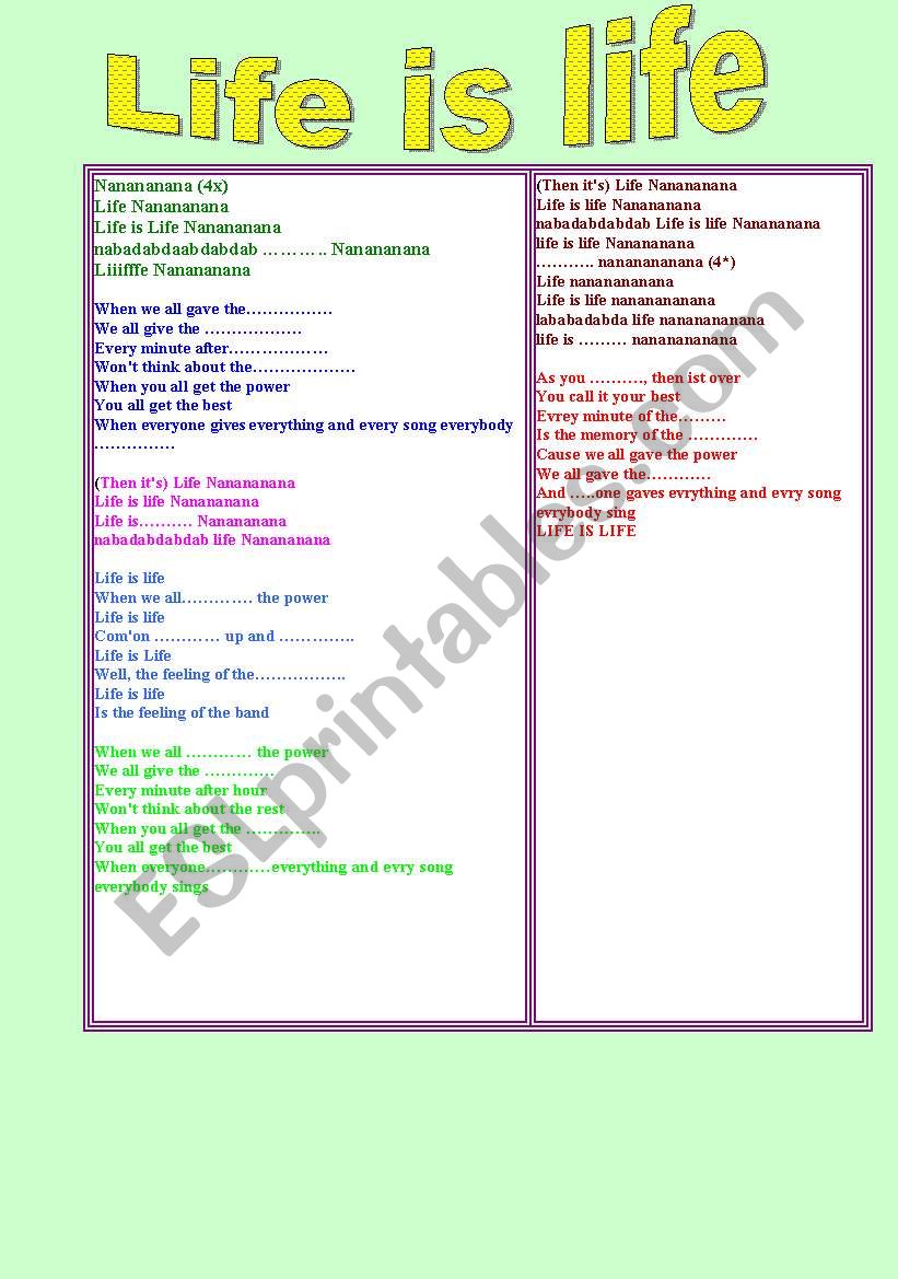 GAP SONG  Life is life + key worksheet