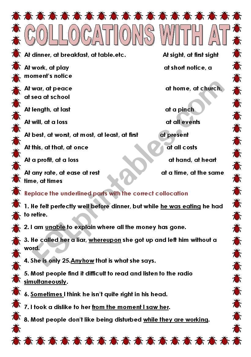 collocations with at worksheet
