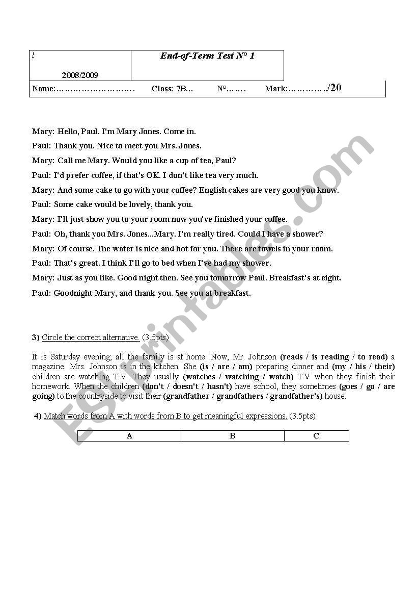 English test worksheet