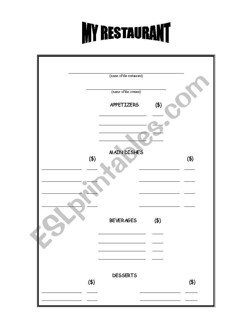 My Restaurant Menu worksheet