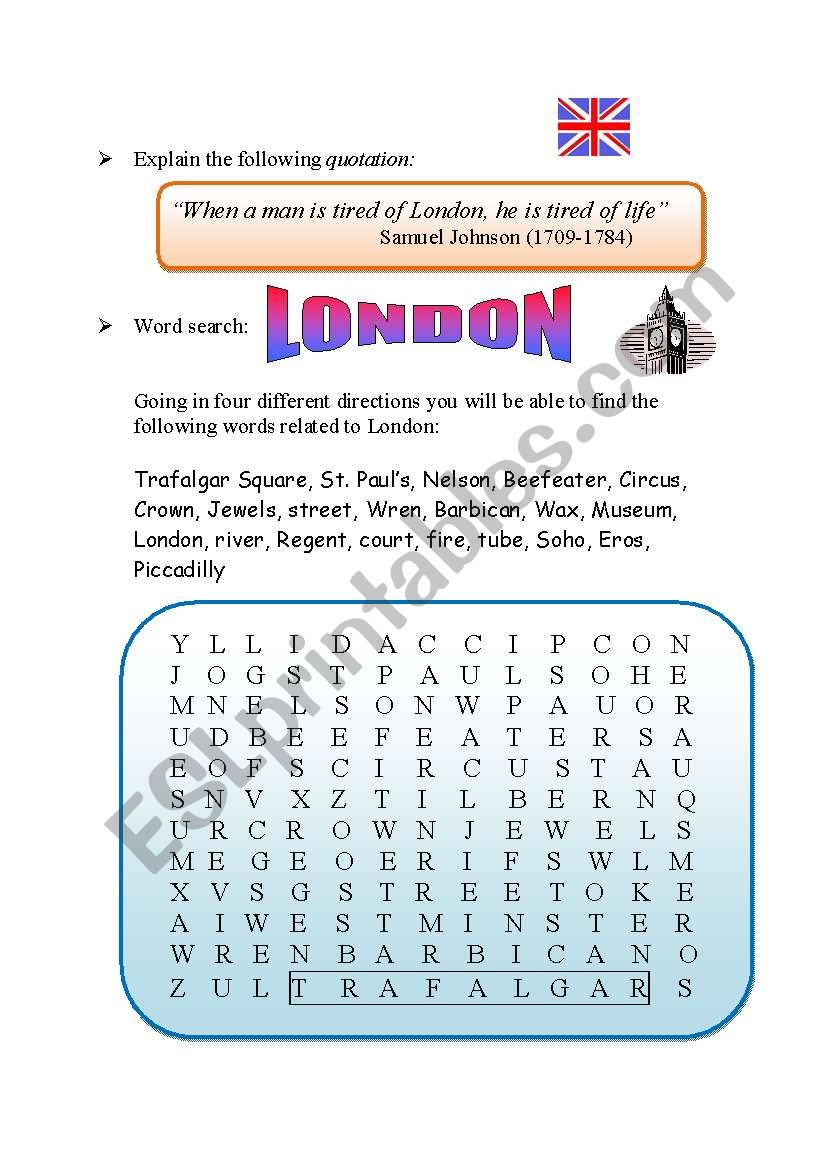London Worksheet (with wordsearch & postcard writing) - 2 pages
