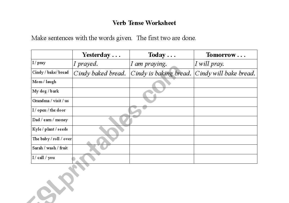 Verb Tense Worksheet worksheet