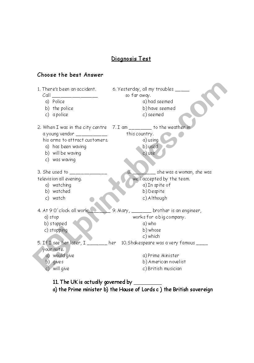 Diagnosis Test worksheet