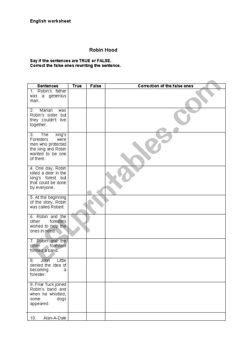 Robin Hood worksheet