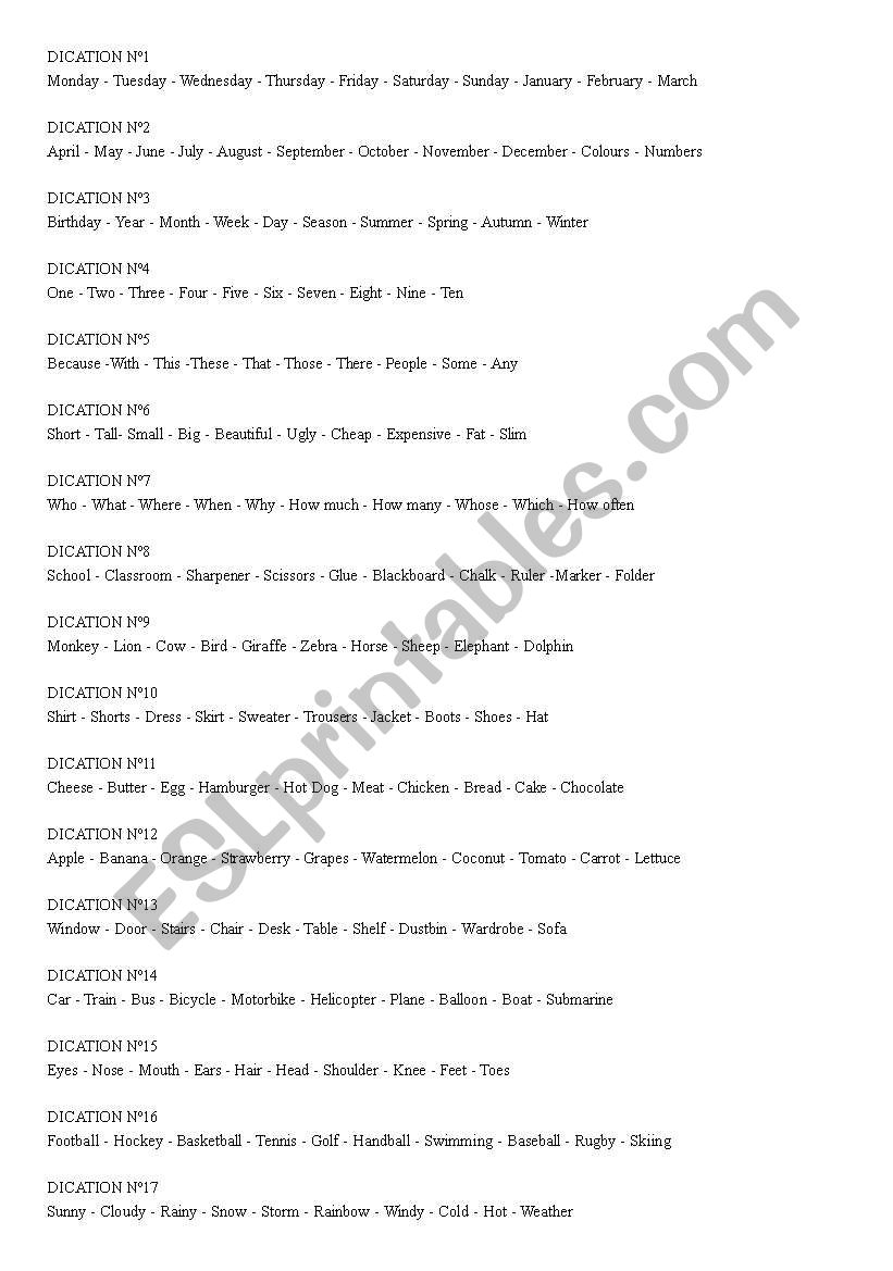 Common words for dictations worksheet