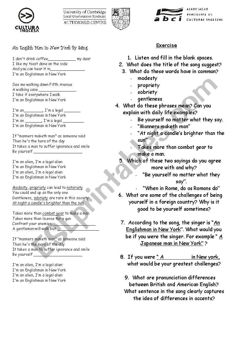 An English Man In New york  worksheet